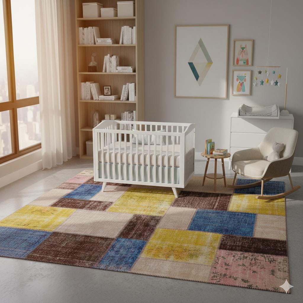 Handmade Wool Patchwork Rug: 7.5x7.5 ft Square Anatolian Rug