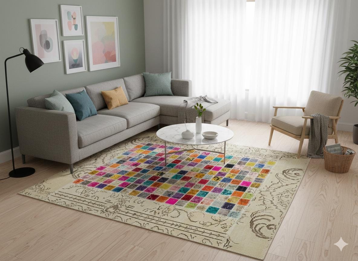 Handmade Patchwork Wool Turkish Rug - 5'x8' Bohemian Area Rug