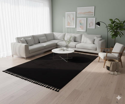 Black Fluffy Rug: Plain Modern Cotton Carpet with Tassels