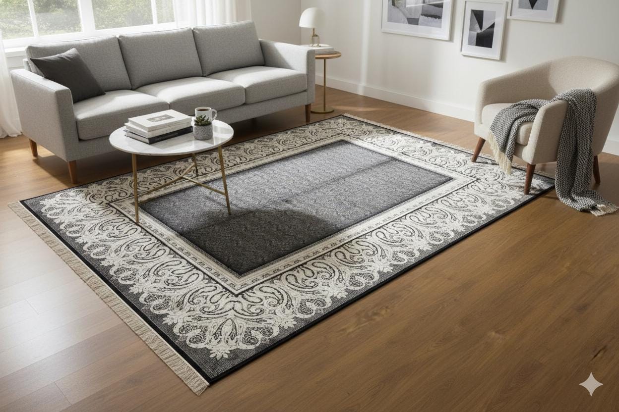 10x13 ft, Black Classic Silk Rug with paisley desing on the border, fine fringes