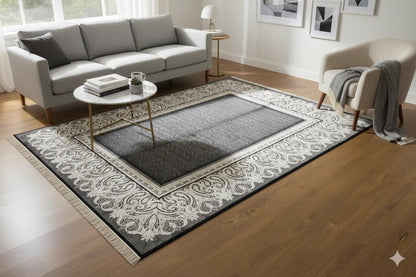 10x13 ft, Black Classic Silk Rug with paisley desing on the border, fine fringes