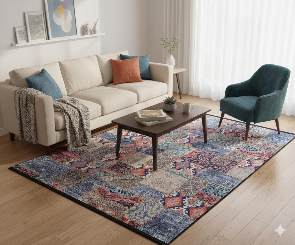 Floral Patchwork Rug: Washable Bohemian Carpet