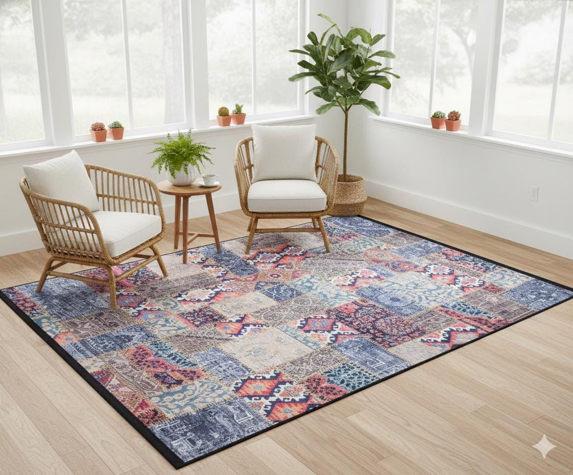 Floral Patchwork Rug: Washable Bohemian Carpet