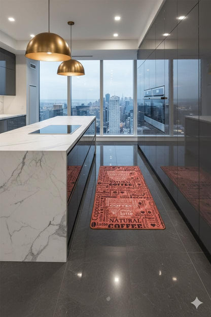 Title: Terracotta Coffee Typography Washable Kitchen Runner – Non-Slip Anti-Fatigue Rug for Coffee Lovers