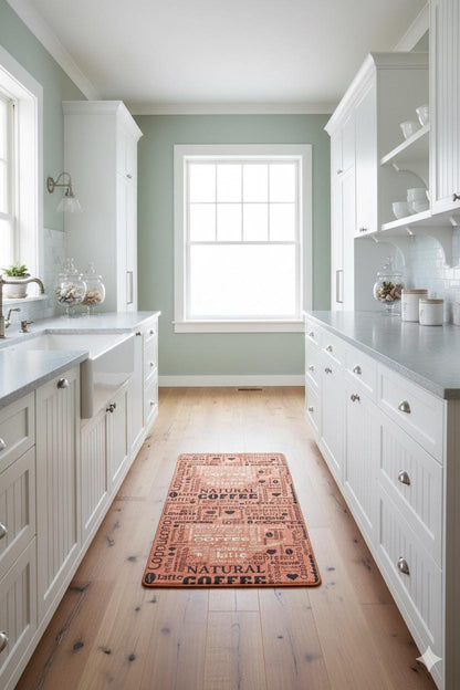 Title: Terracotta Coffee Typography Washable Kitchen Runner – Non-Slip Anti-Fatigue Rug for Coffee Lovers