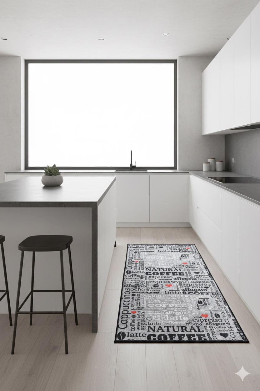 Modern Coffee Kitchen Runner, Espresso Latte Typography Decor, Washable Non-Slip Mat