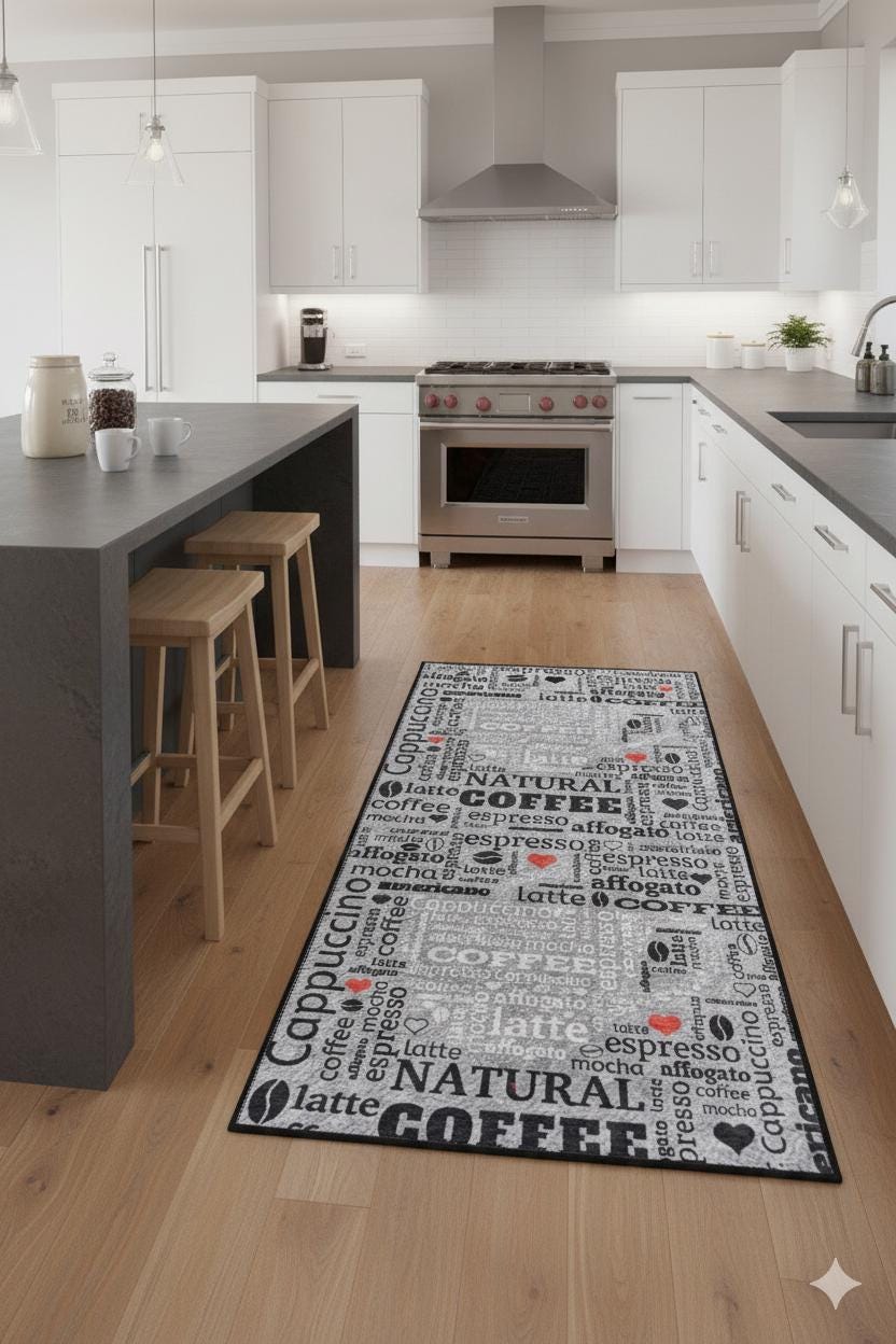 Modern Coffee Kitchen Runner, Espresso Latte Typography Decor, Washable Non-Slip Mat