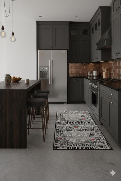 Modern Coffee Kitchen Runner, Espresso Latte Typography Decor, Washable Non-Slip Mat