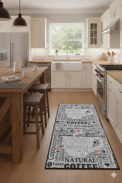 Modern Coffee Kitchen Runner, Espresso Latte Typography Decor, Washable Non-Slip Mat