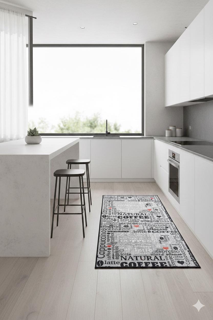 Modern Coffee Kitchen Runner, Espresso Latte Typography Decor, Washable Non-Slip Mat