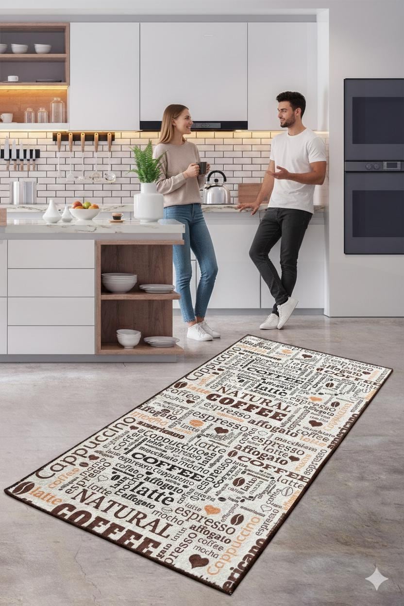 Coffee Typography Kitchen Mat – Washable Espresso Latte Art Runner Rug