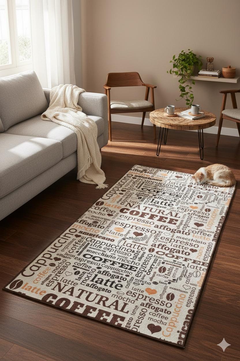 Coffee Typography Kitchen Mat – Washable Espresso Latte Art Runner Rug