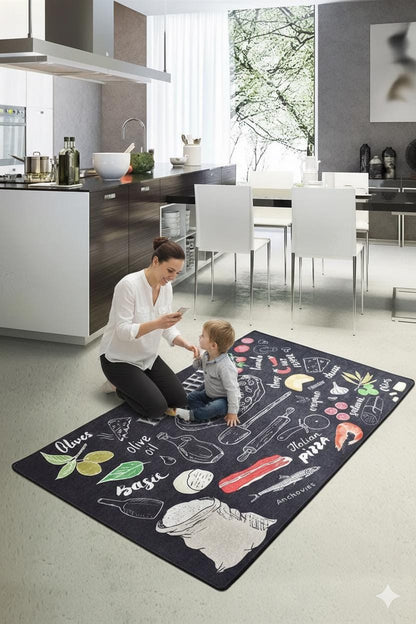 Washable Kitchen Rug, Pizza Herb Chalkboard Design, Modern Farmhouse Decor, Italian Food Mat