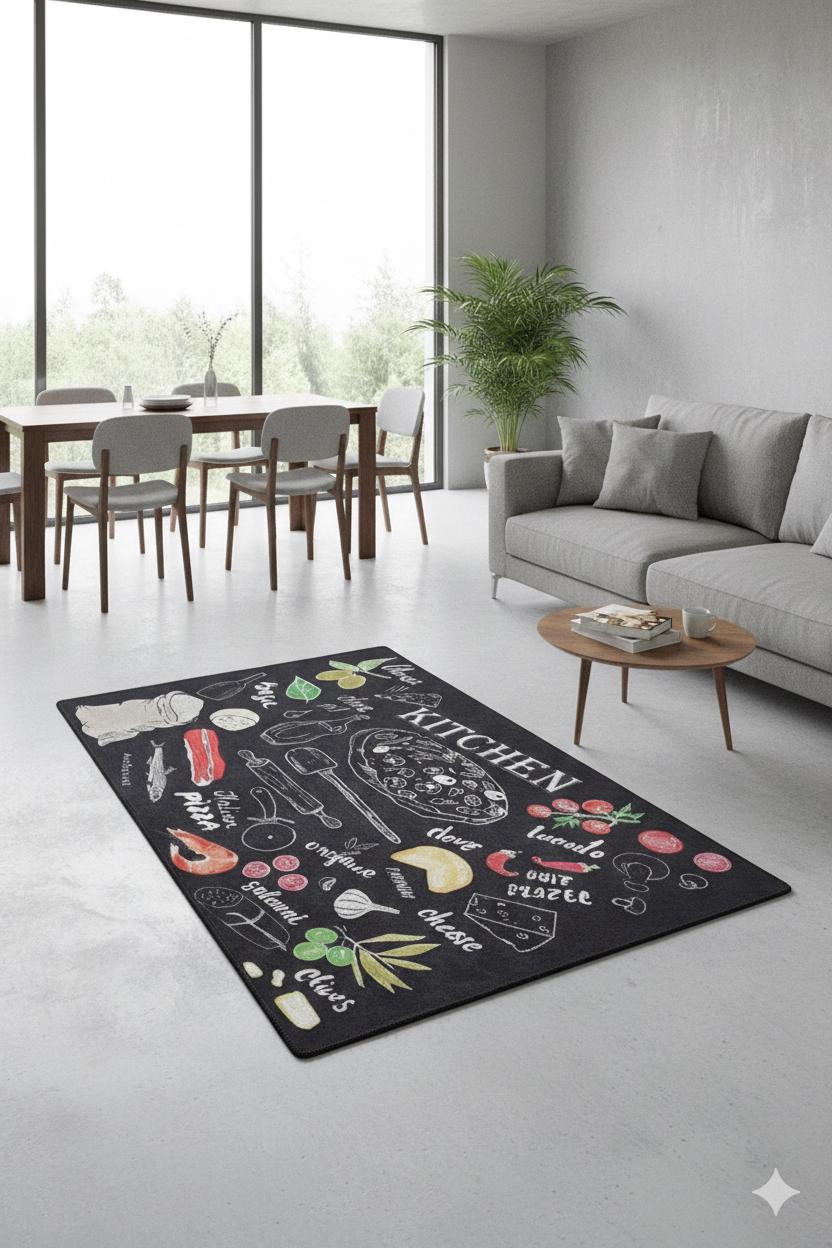Washable Kitchen Rug, Pizza Herb Chalkboard Design, Modern Farmhouse Decor, Italian Food Mat
