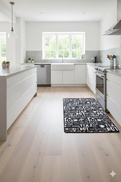 Modern Chalkboard-Style Washable Kitchen Mat – "Tea & Dessert" Non-Slip Decorative Runner
