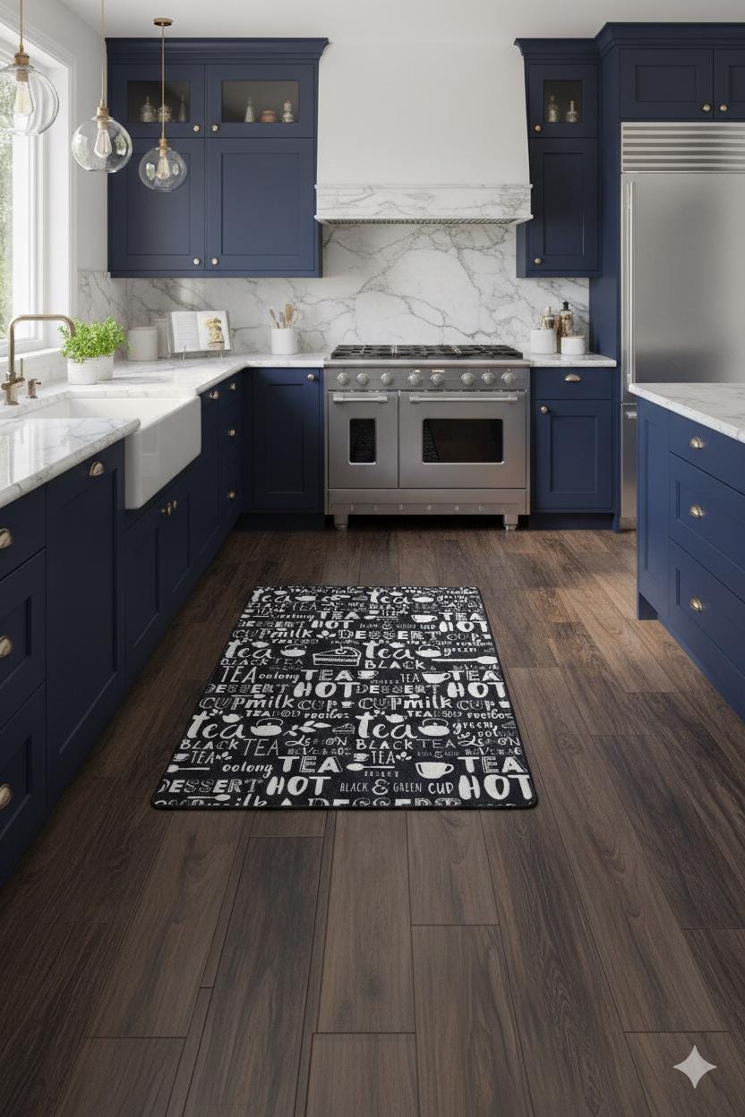 Modern Chalkboard-Style Washable Kitchen Mat – "Tea & Dessert" Non-Slip Decorative Runner