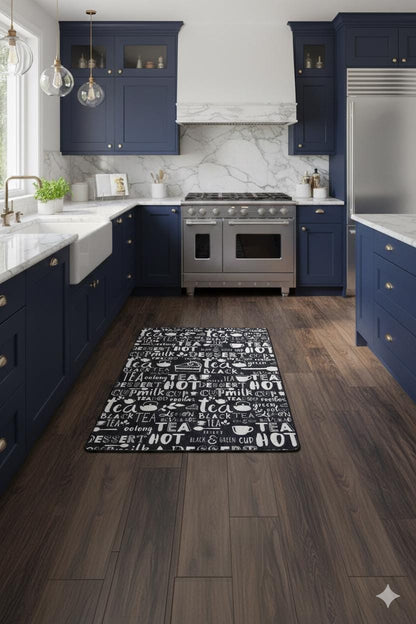 Modern Chalkboard-Style Washable Kitchen Mat – "Tea & Dessert" Non-Slip Decorative Runner