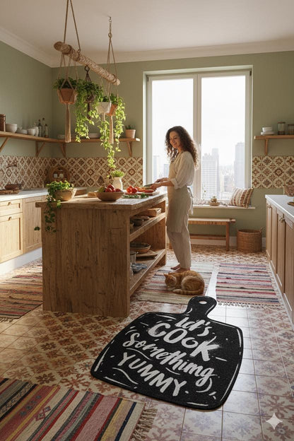 Cutting Board Shaped Kitchen Rug, Chalkboard Style "Let's Cook Yummy" Mat