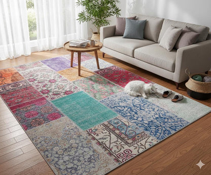 Bohemian Patchwork Rug, Distressed Persian Style Carpet, Non-Slip Medallion Floor Mat