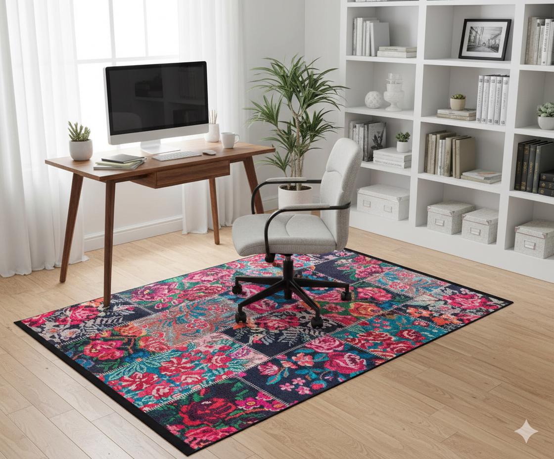 Floral Patchwork Area Rug – Boho Maximalist Pink Teal Flower Carpet, Non-Slip