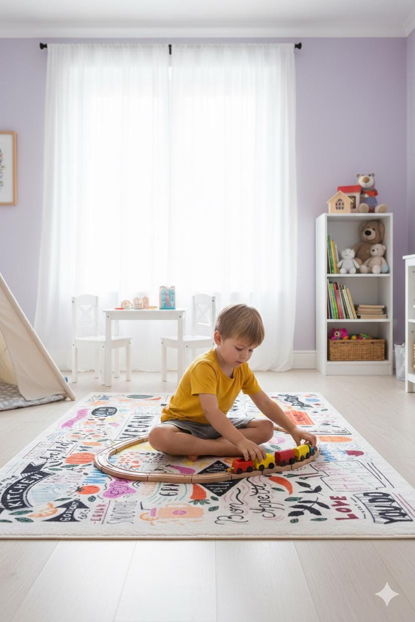 Kids Playroom Rug – Doodle Art Kitchen & Vegan Food Area Carpet