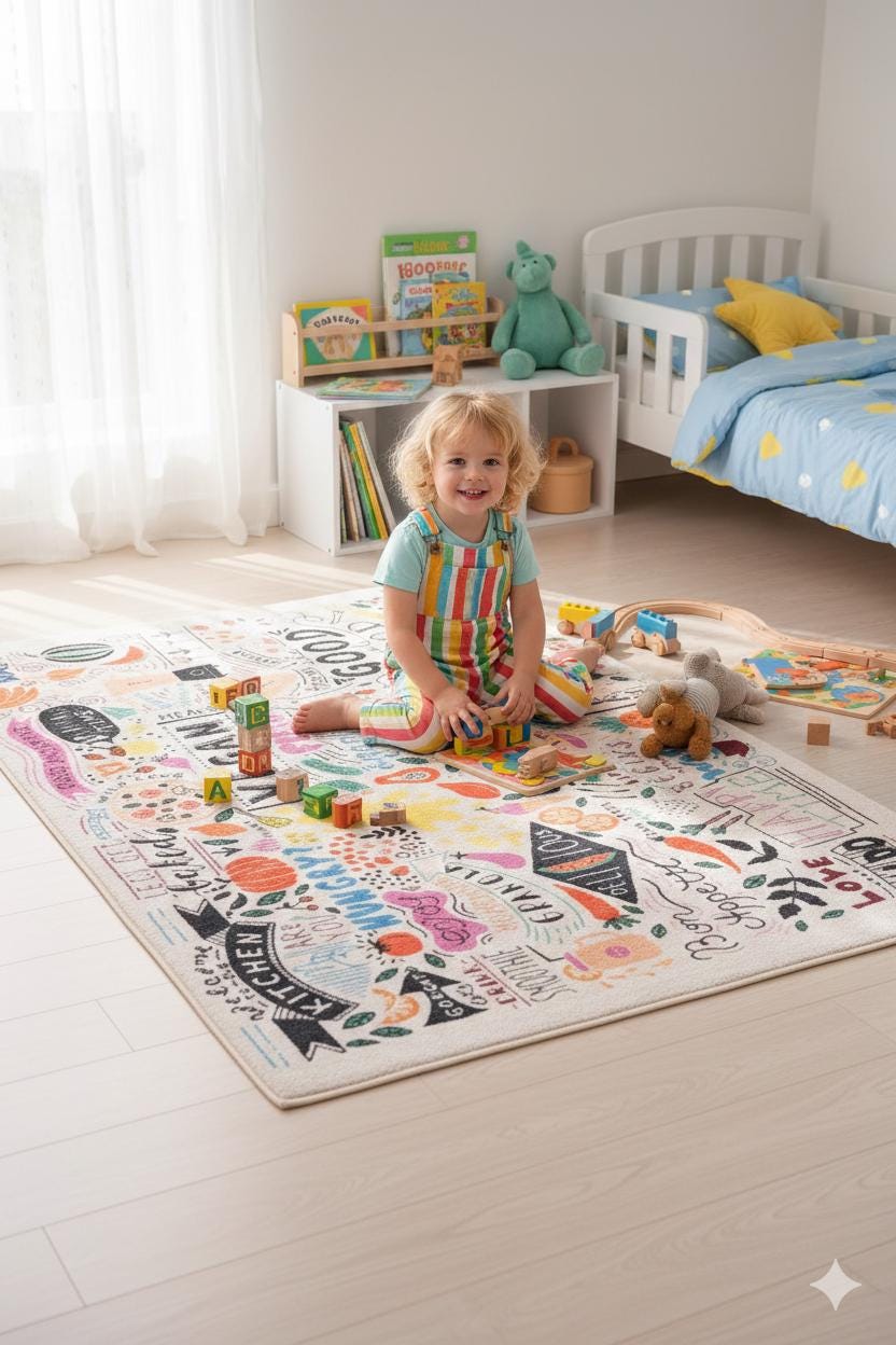 Kids Playroom Rug – Doodle Art Kitchen & Vegan Food Area Carpet