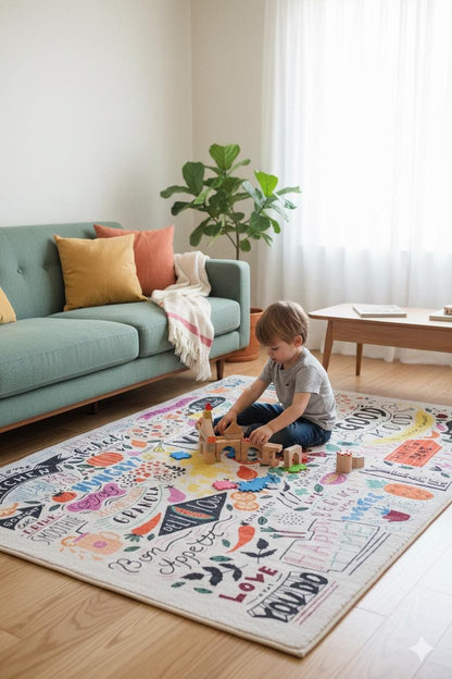 Kids Playroom Rug – Doodle Art Kitchen & Vegan Food Area Carpet