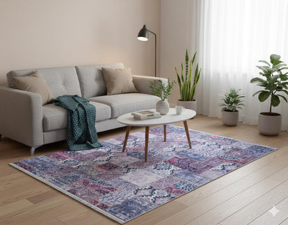 Bohemian Patchwork Rug, Purple Indigo Vintage Style Distressed Carpet, Easy Clean Non-Shedding
