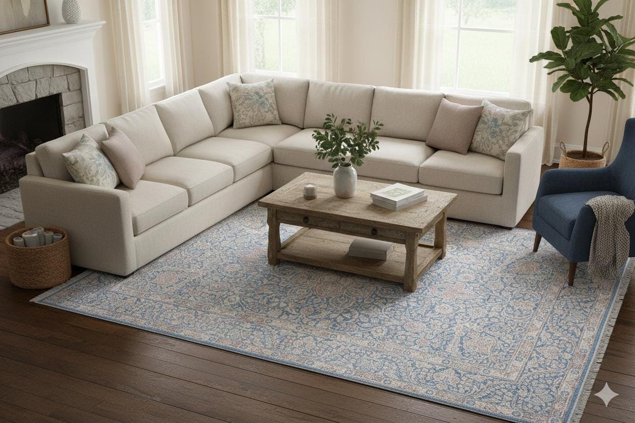 Distressed Light Blue Medallion Rug – Boho Turkish Style, Machine Washable, Non-Slip