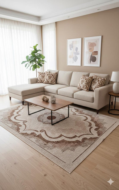 Beige Medallion Area Rug – Traditional Oriental Style Carpet (160x230 cm)