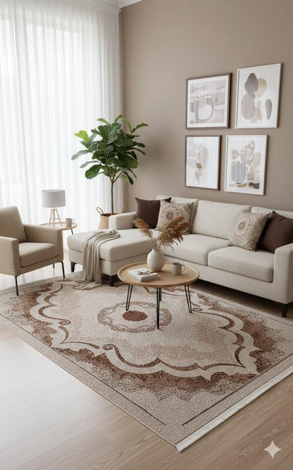 Beige Medallion Area Rug – Traditional Oriental Style Carpet (160x230 cm)