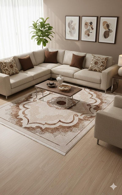 Beige Medallion Area Rug – Traditional Oriental Style Carpet (160x230 cm)