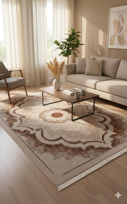 Beige Medallion Area Rug – Traditional Oriental Style Carpet (160x230 cm)