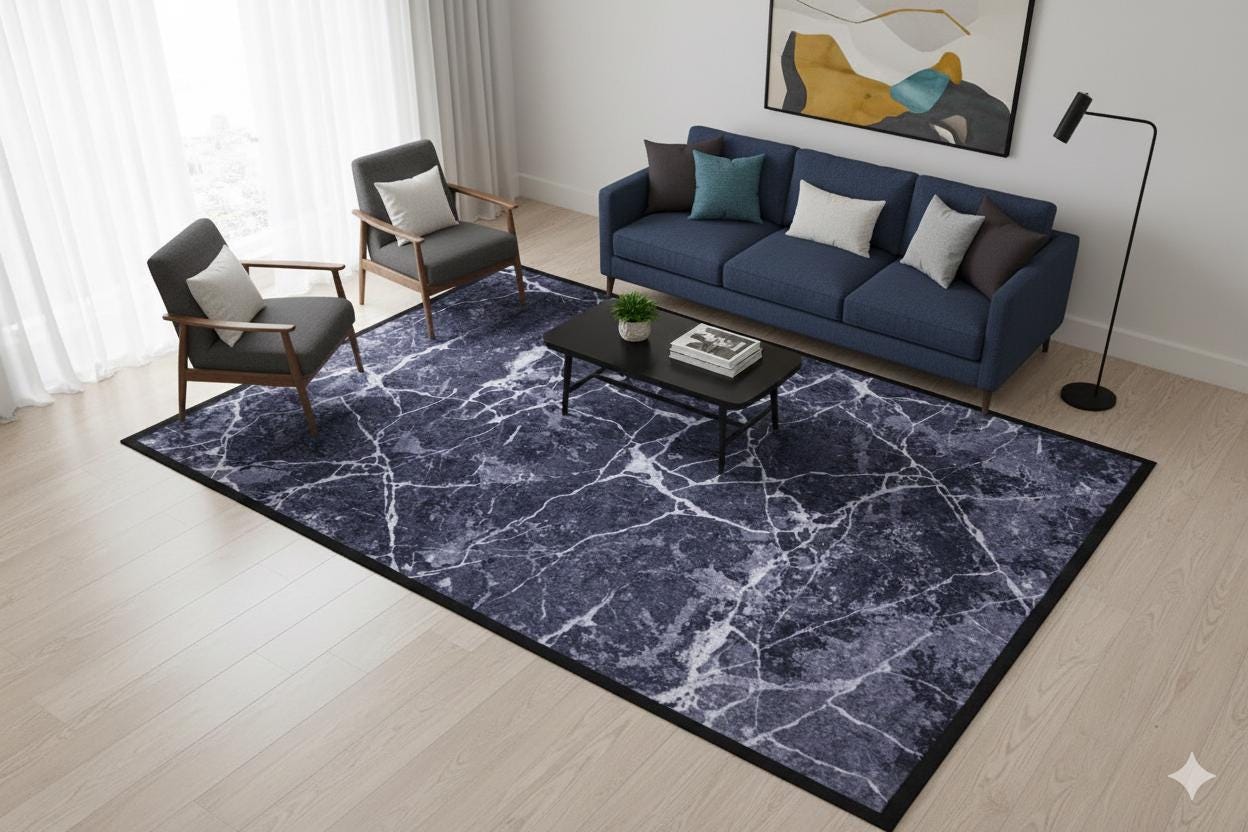 Modern Black Marble Area Rug, Charcoal White Veined Carpet, Minimalist Industrial Decor