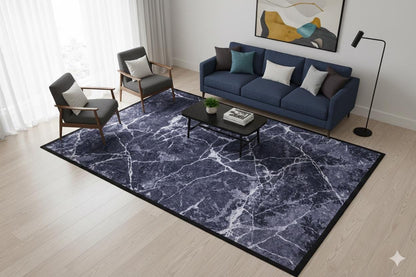 Modern Black Marble Area Rug, Charcoal White Veined Carpet, Minimalist Industrial Decor