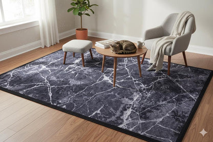 Modern Black Marble Area Rug, Charcoal White Veined Carpet, Minimalist Industrial Decor