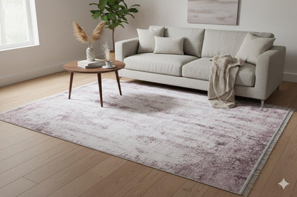 Washable Lavender Abstract Area Rug, Modern Distressed Purple Carpet (Machine Washable)