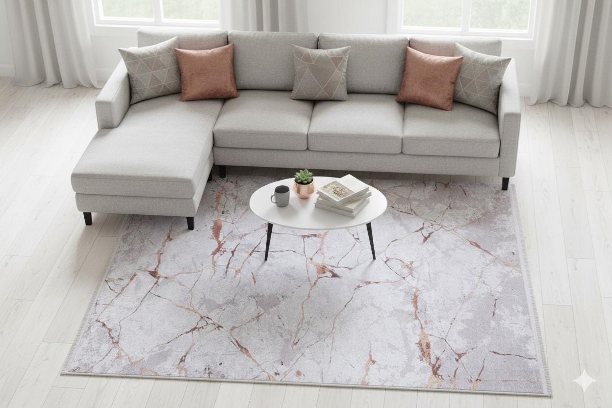 Gray Rose Gold Marble Area Rug, Abstract Washable Living Room Carpet, Non-Slip Thin Mat