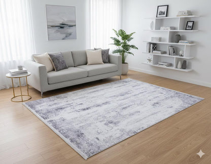 Modern Geometric Area Rug, Gray White Living Room Carpet, Washable Neutral Textured Mat
