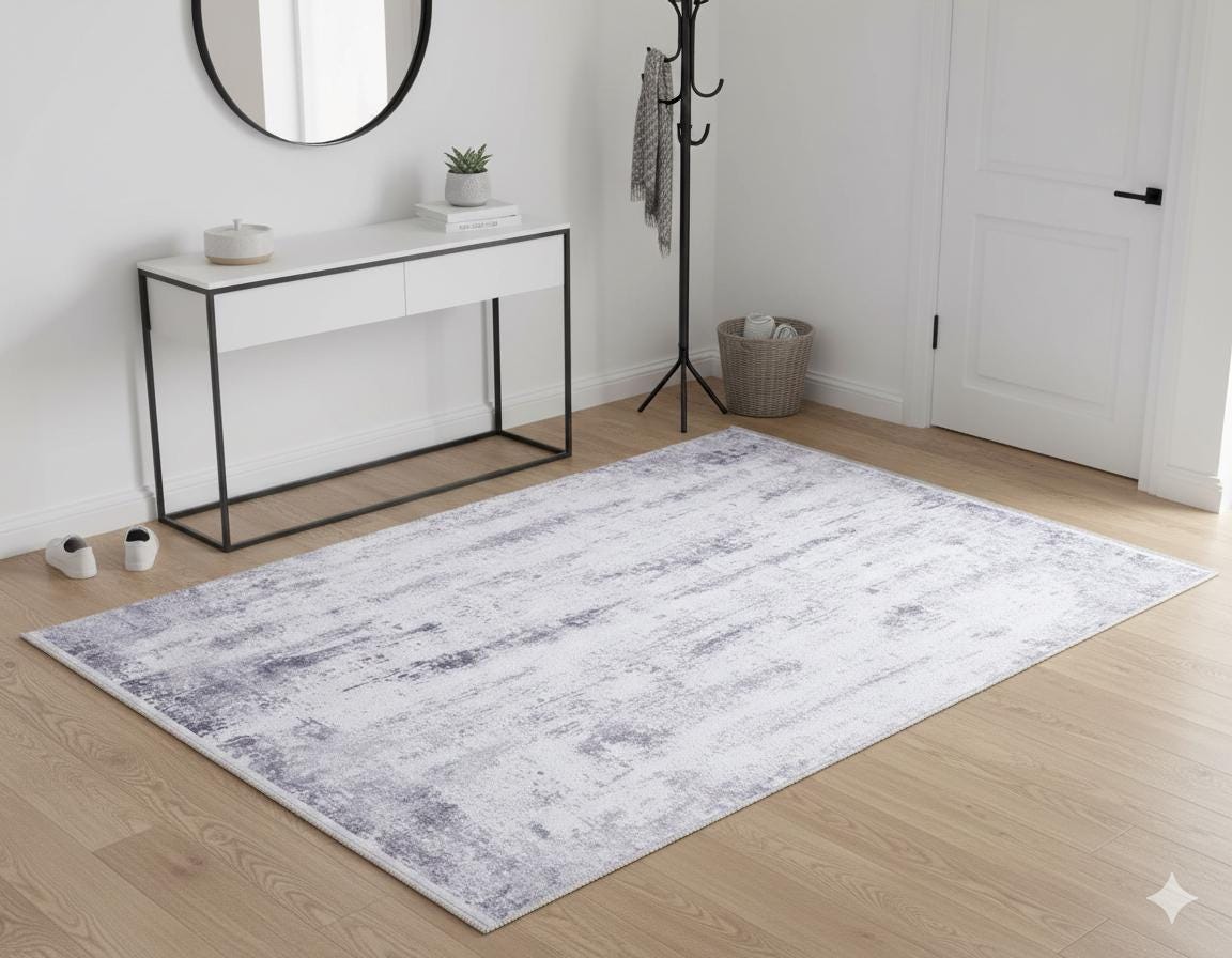Modern Geometric Area Rug, Gray White Living Room Carpet, Washable Neutral Textured Mat