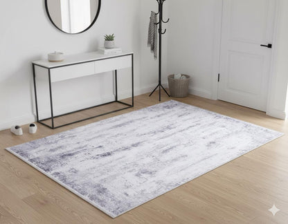 Modern Geometric Area Rug, Gray White Living Room Carpet, Washable Neutral Textured Mat