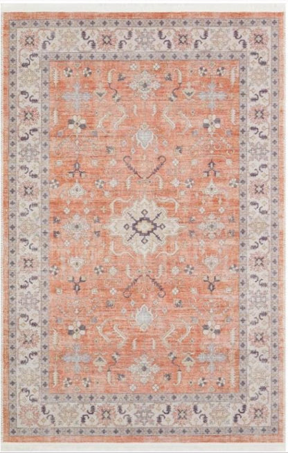 Terracotta Orange Turkish Style Rug: Vintage Floral Area Carpet