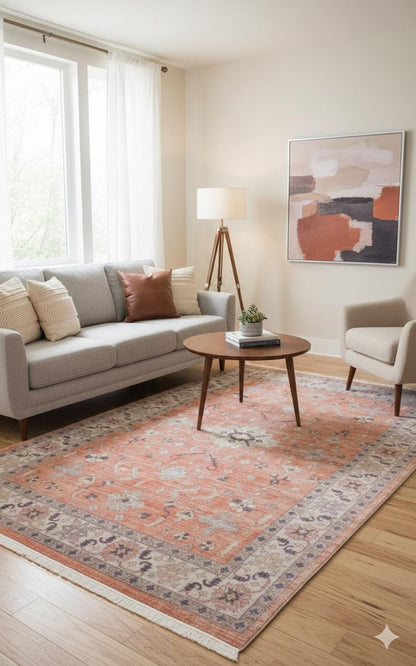 Terracotta Orange Turkish Style Rug: Vintage Floral Area Carpet