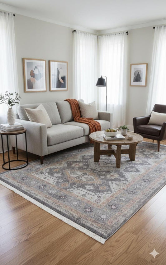 Gray Turkish Rug – Faded Vintage-Style Geometric Area Carpet for Living Room or Bedroom Decor