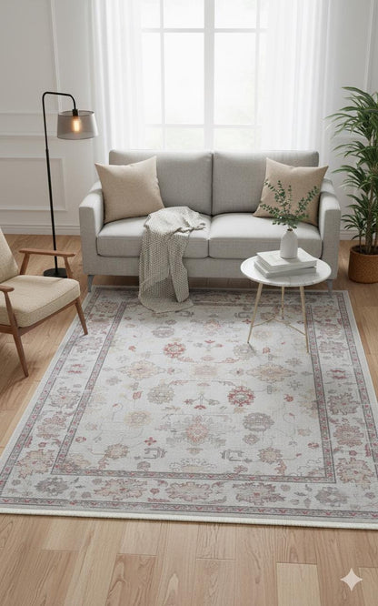 Faded Light Gray Turkish Rug: Soft Floral Vintage Style Area Carpet