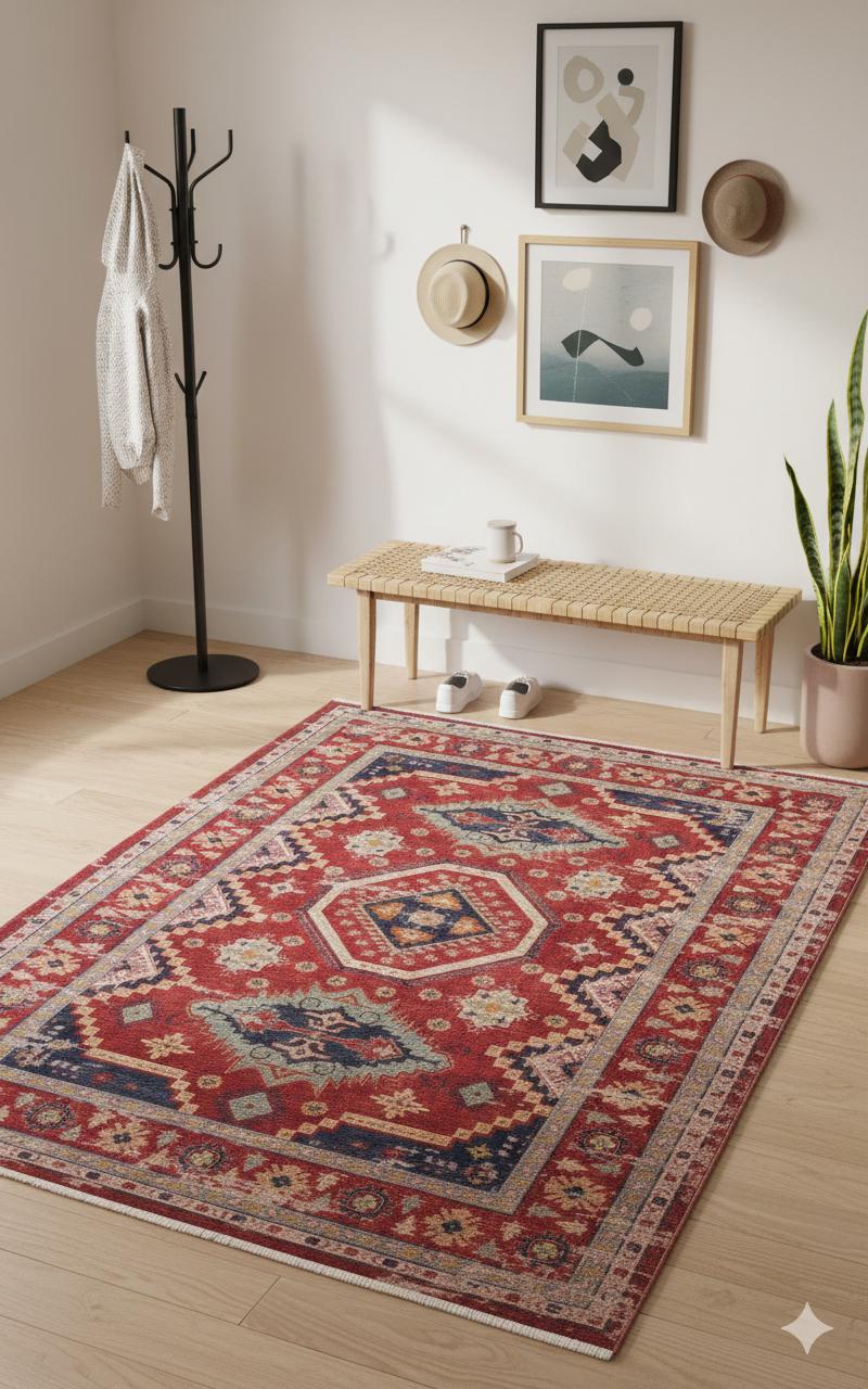 Red Turkish Style Area Rug: Geometric Medallion Design