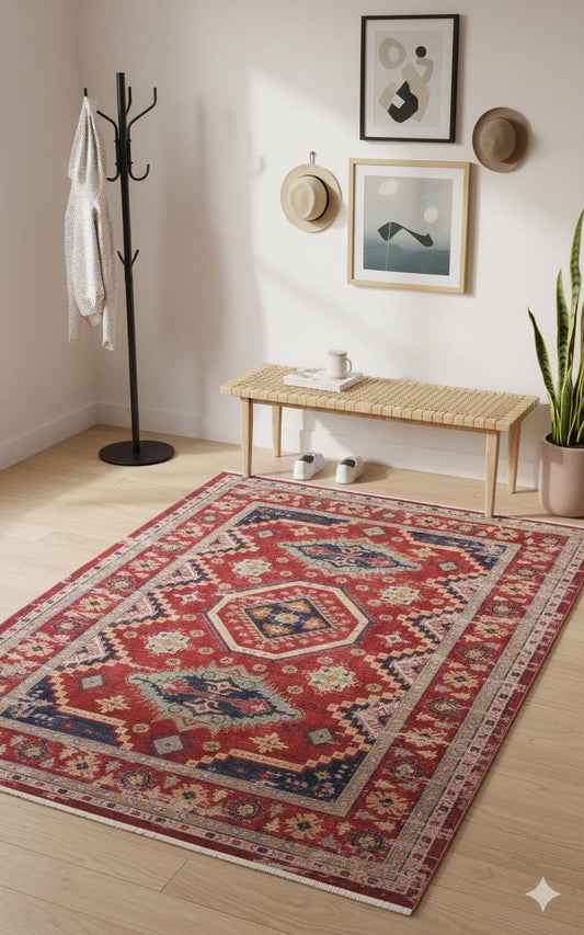 Red Turkish Style Area Rug: Geometric Medallion Design