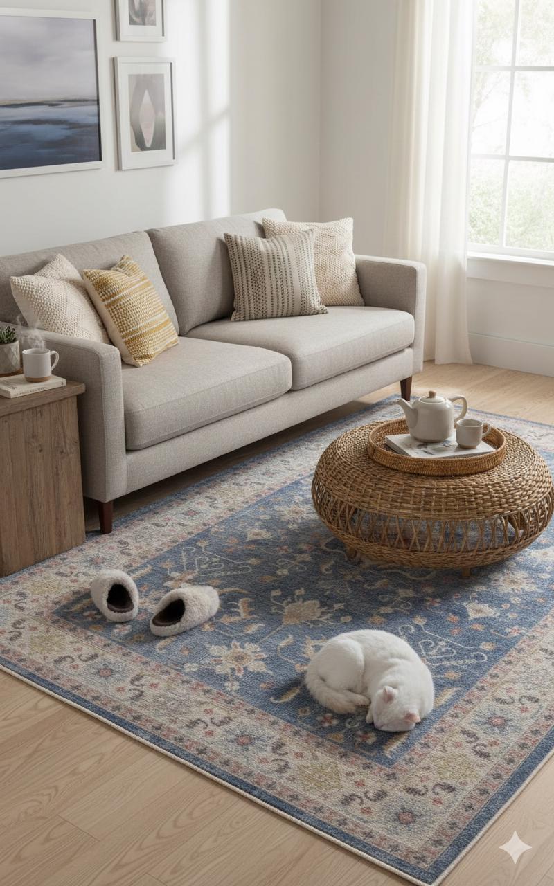 Blue Turkish Style Rug: Oriental Area Carpet with Ivory Border