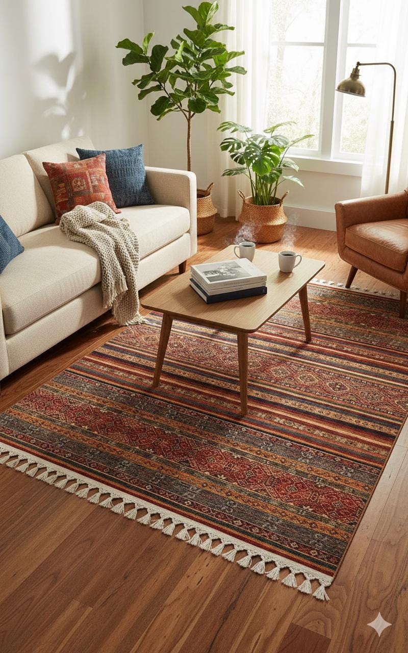 Red Vintage Rug: Classic Washable Rug with Tassels