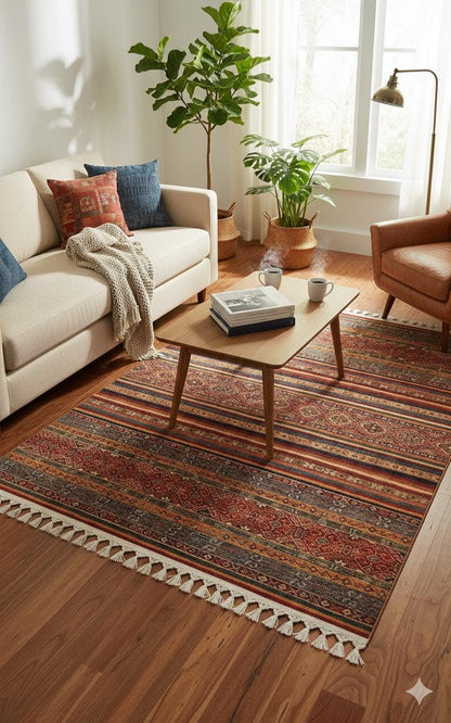 Red Vintage Rug: Classic Washable Rug with Tassels